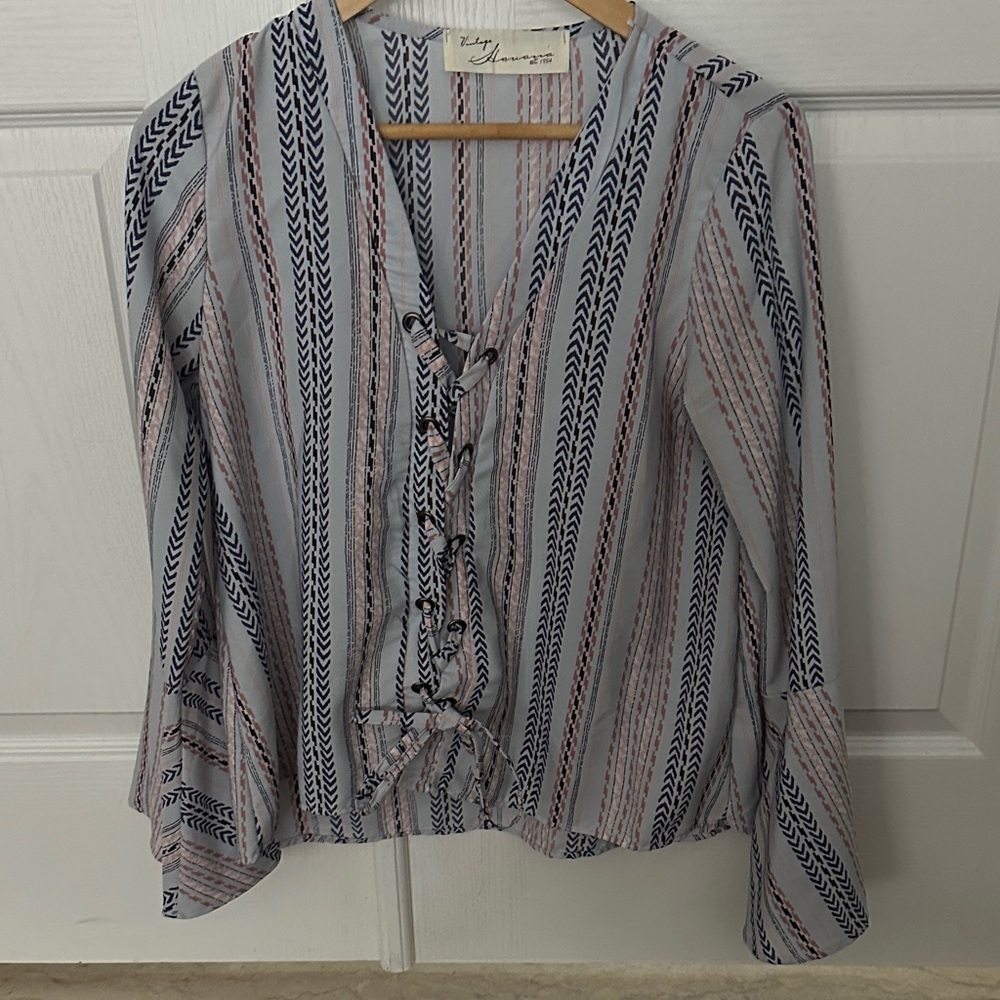 Vintage Havana Navy and Pink Striped Lace-Up Blouse